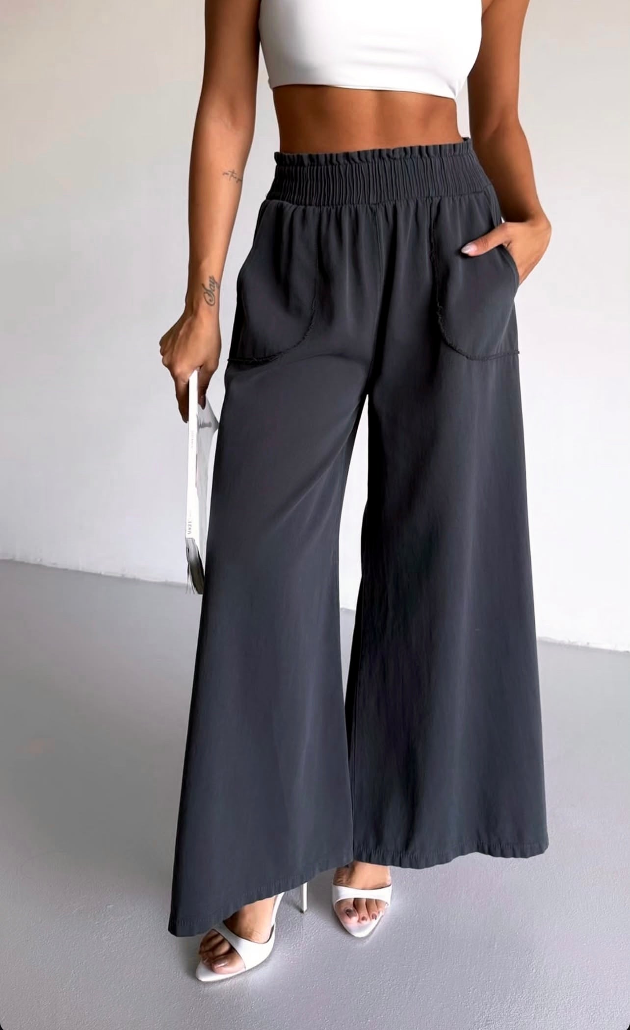 Grey Elastic Waist Gabardine Wide Pants