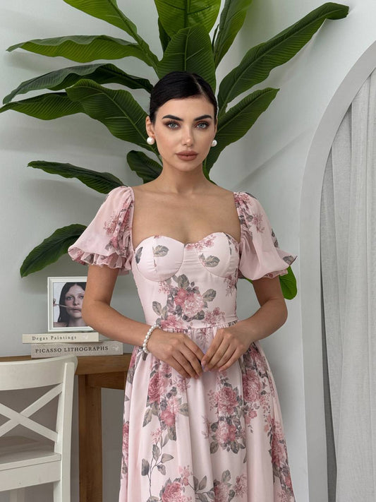 Pink Vintage Chiffon Purfy Sleeves Dress