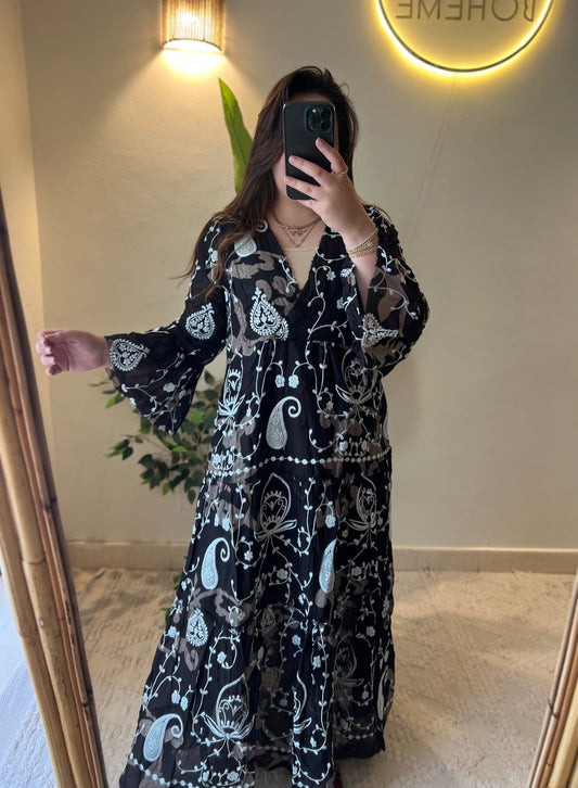 The French Black Embroidered Paisly Dress