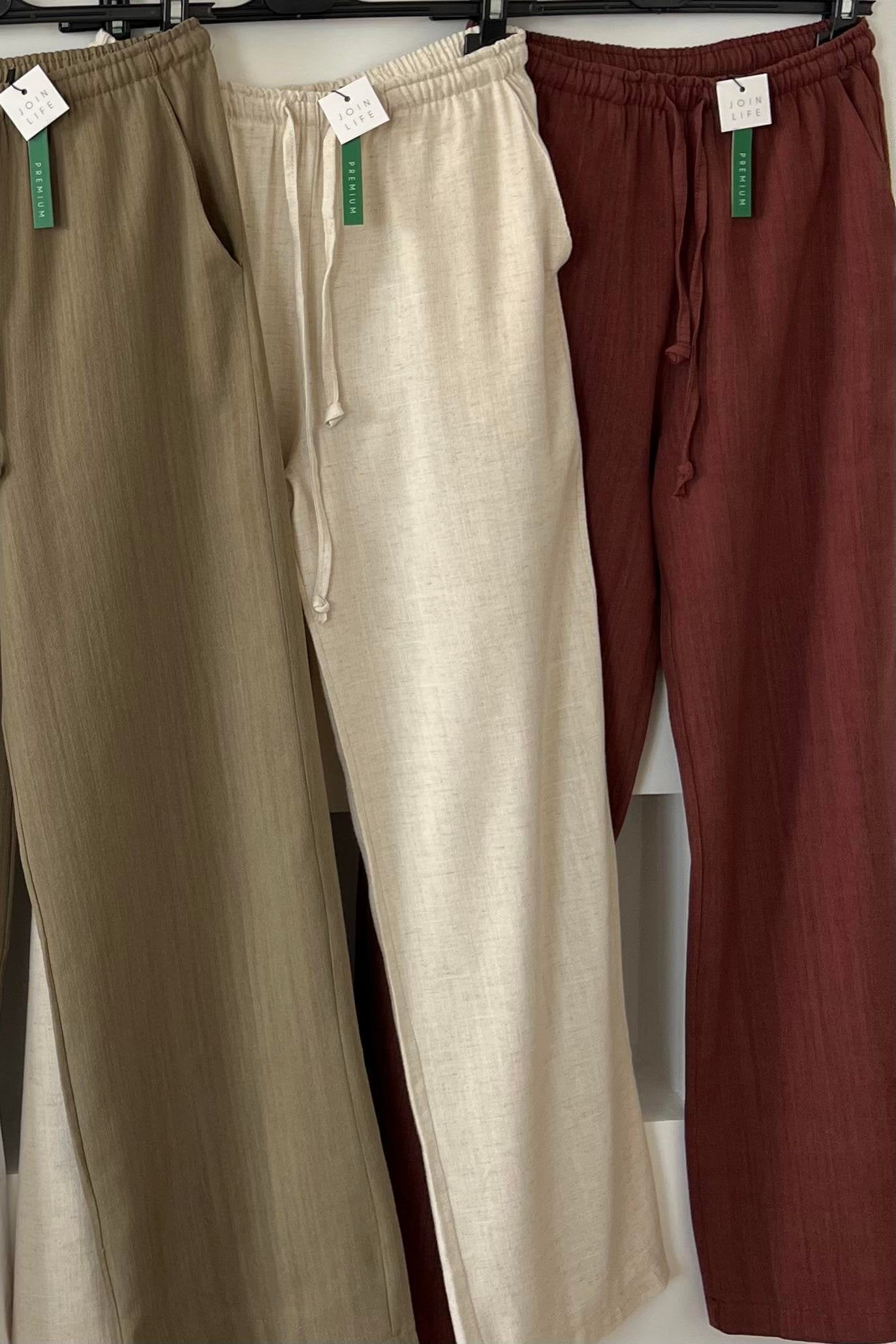 Olive Stripy Linen Straight Leg Pants With Elastic Waist