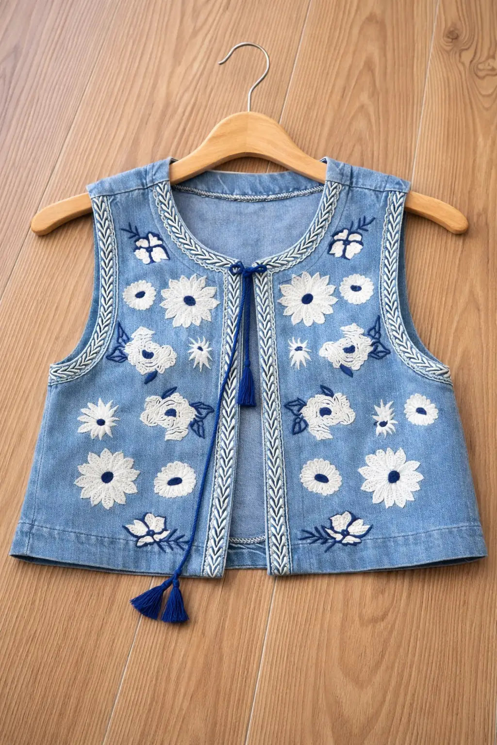 Blue Denim Floral Embroidered Vest