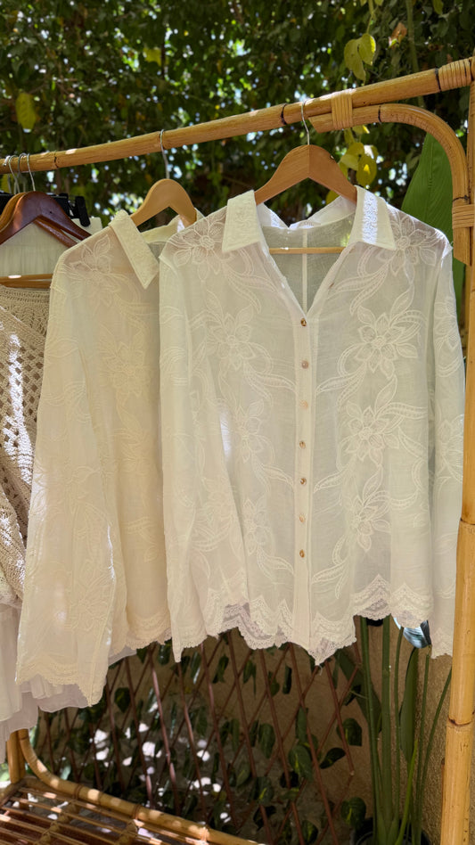 White Embroidered Floral Lace Shirt