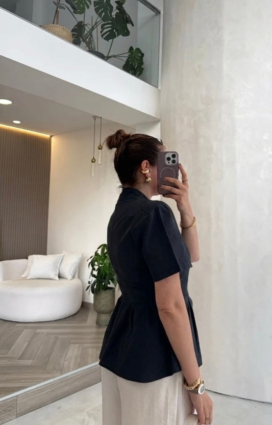 Black Linen Half Sleeves Blouse