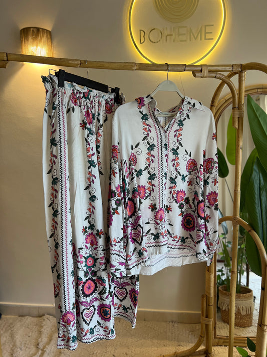 Floral White Oversized Shirt Set