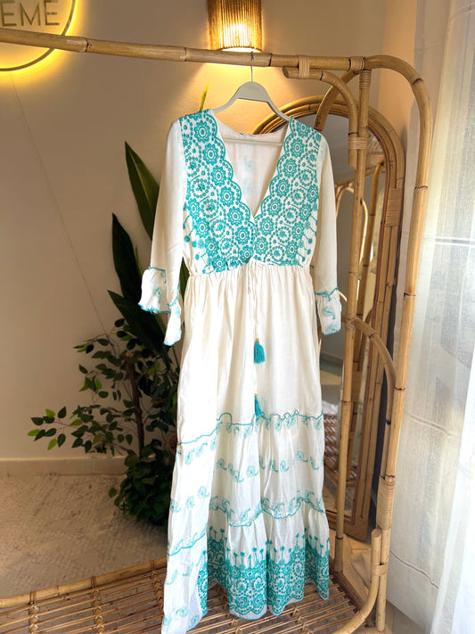 White Turquoise Embroidered Cut Out Dress With Tassel