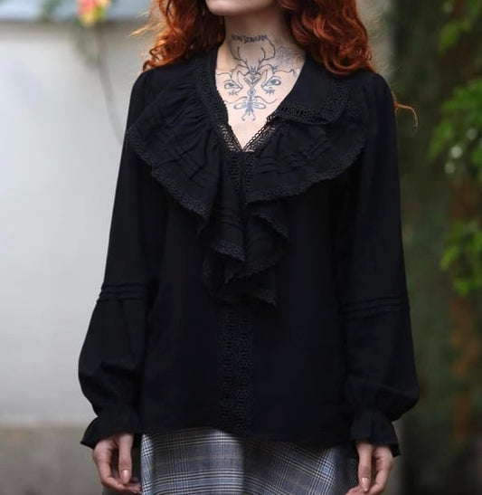 Black Ruffle Blouse With Floral Dantel