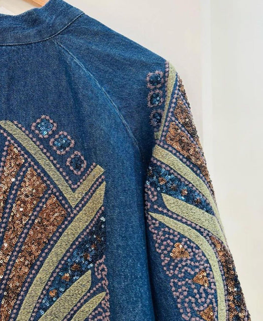 Dark Blue Denim Embroidered Sequin Kimono
