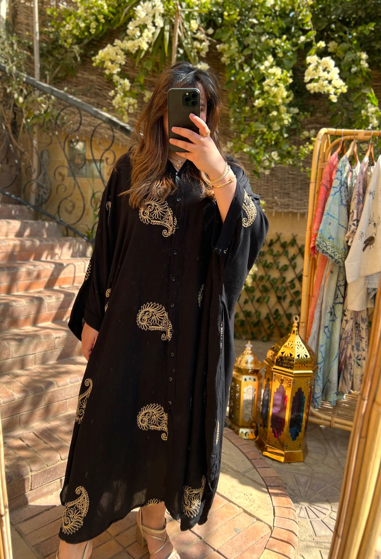 Black Boho Shirt Dress With Golden Threads Embroidery