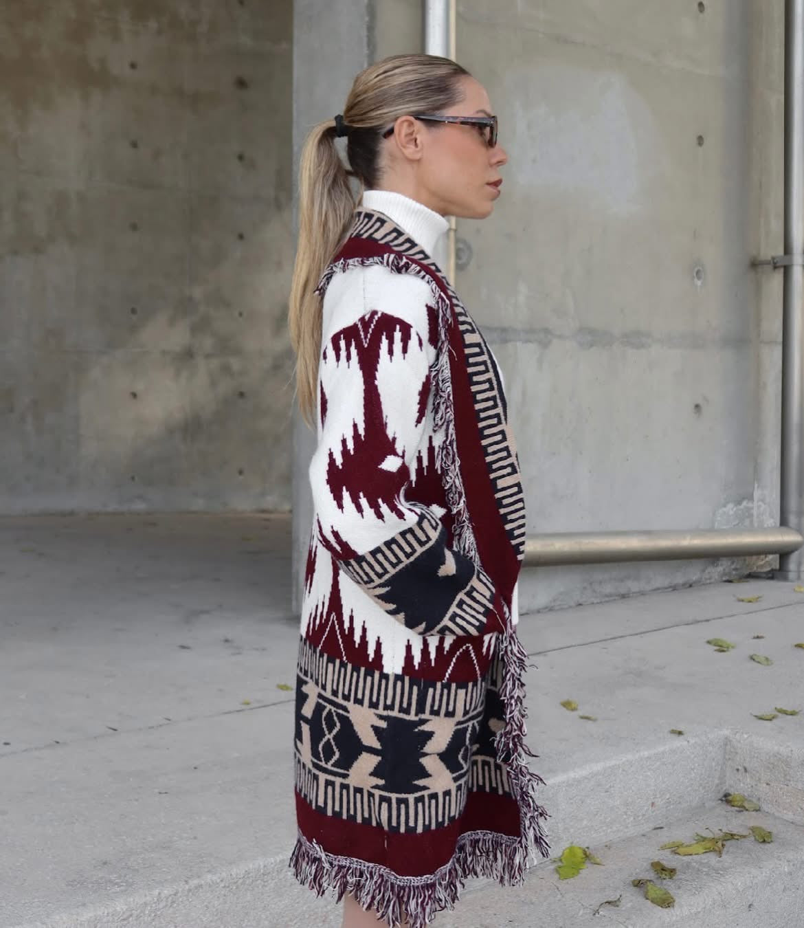 The French Burgundy Ethnic Cardigan With Belt & Pockets