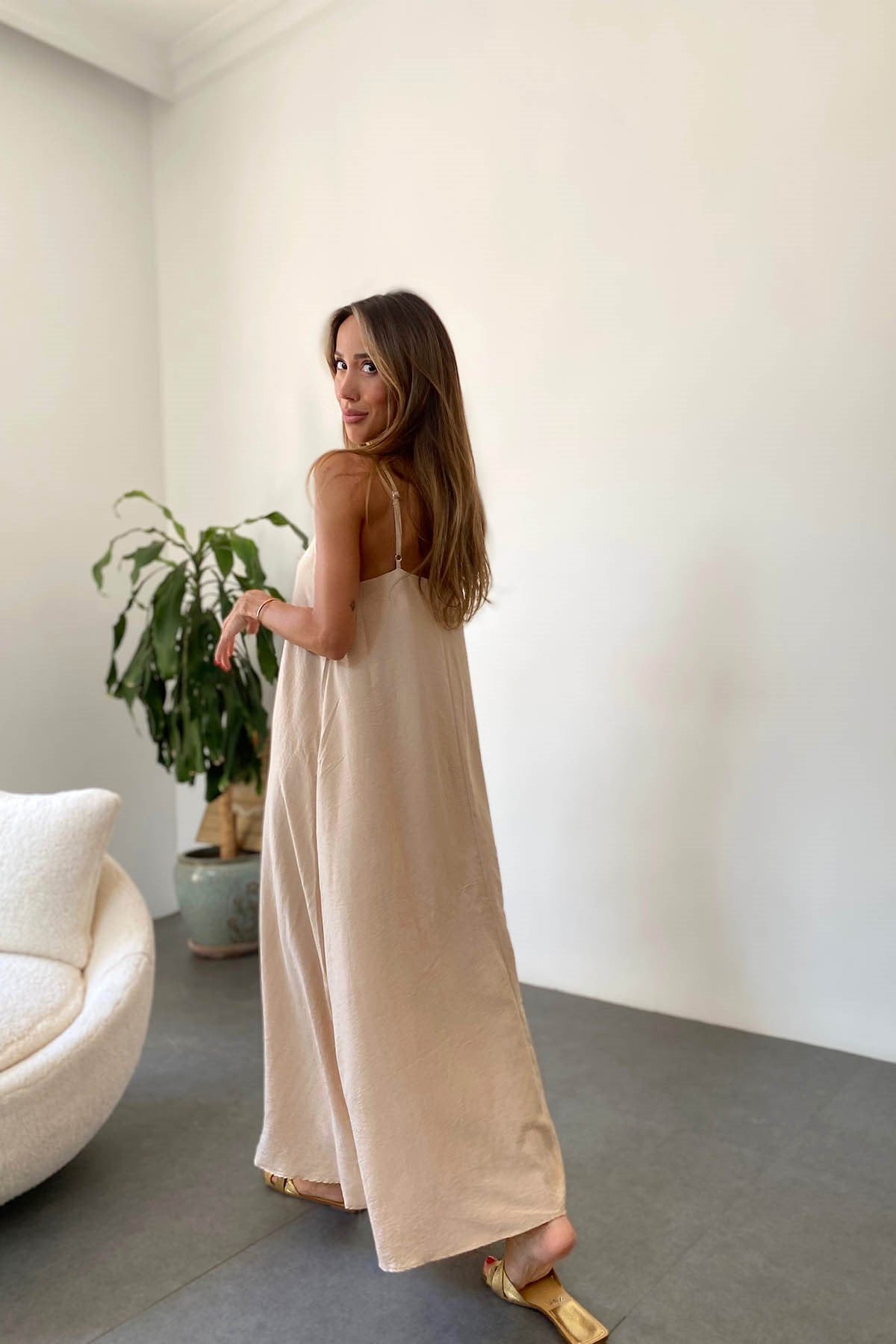 Beige Linen Straps Basic Dress