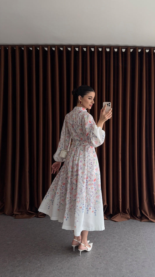 White Vintage Floral Linen Dress With Belt