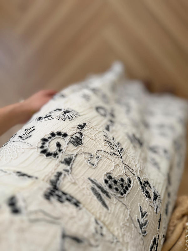 Beige & Black Vintage Embroidered Dress With Square Neck
