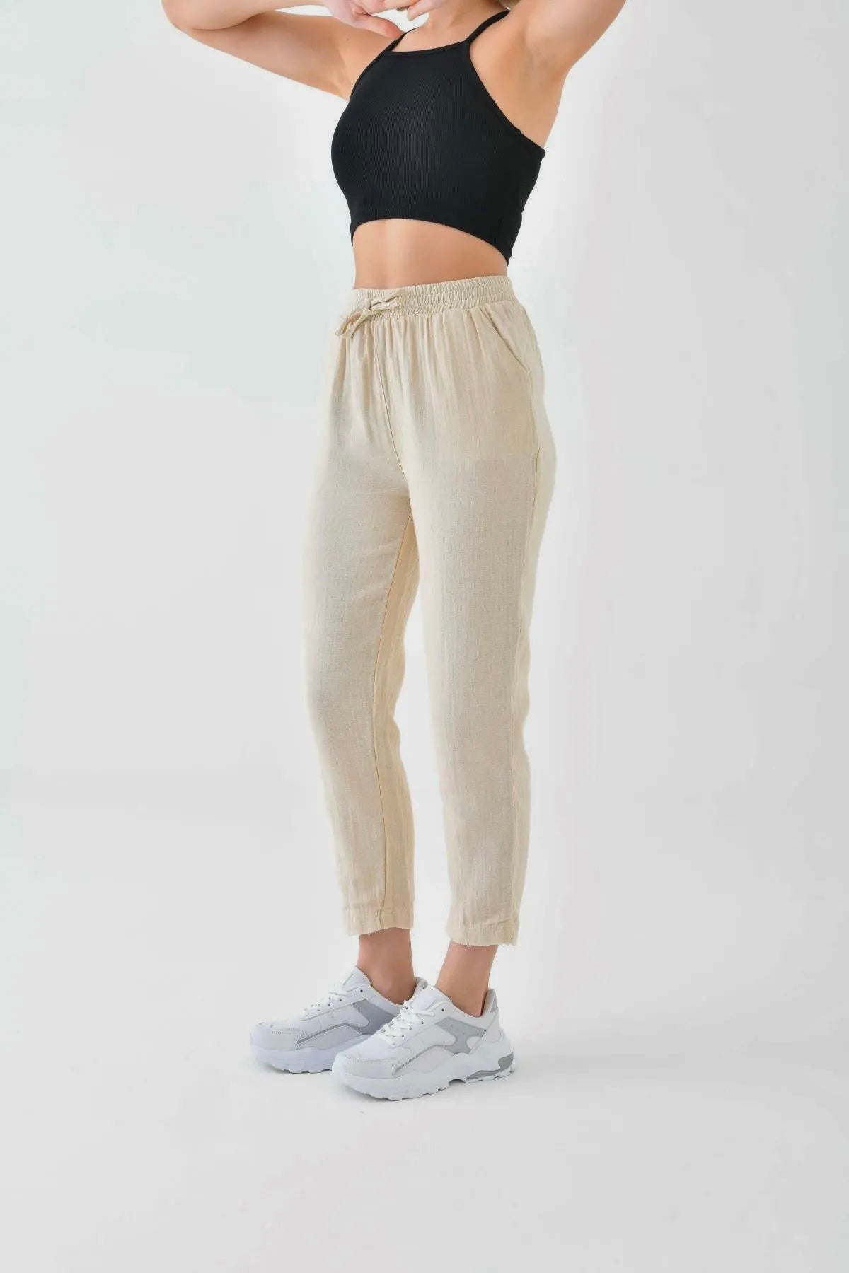 Cotton Carrot Pants With Elastic Waist
