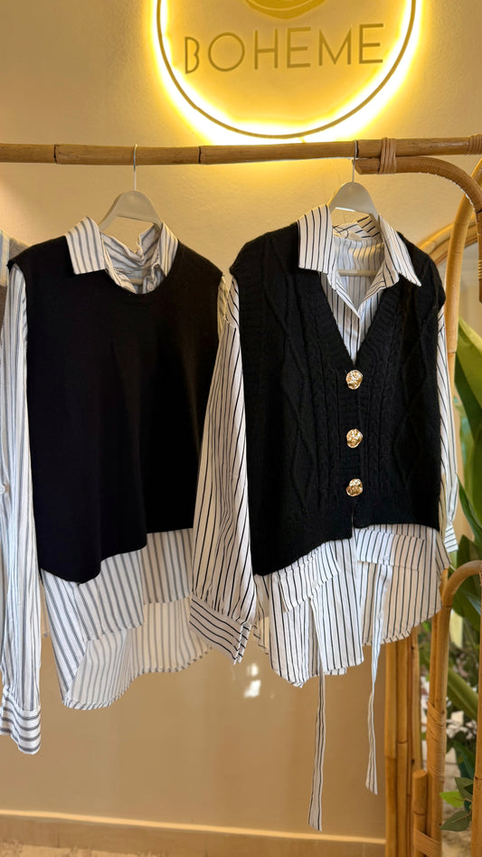 Black Triko Vest With Golden Buttons + Striped Cotton Shirt