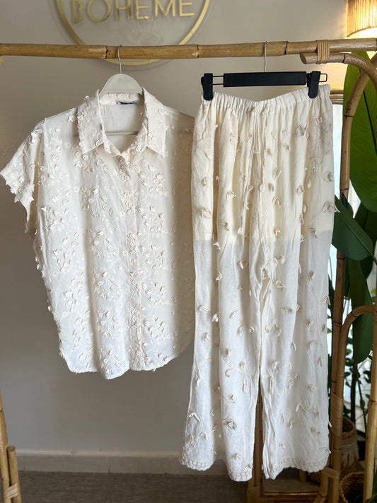 Beige Floral Petals Embroidered Shirt