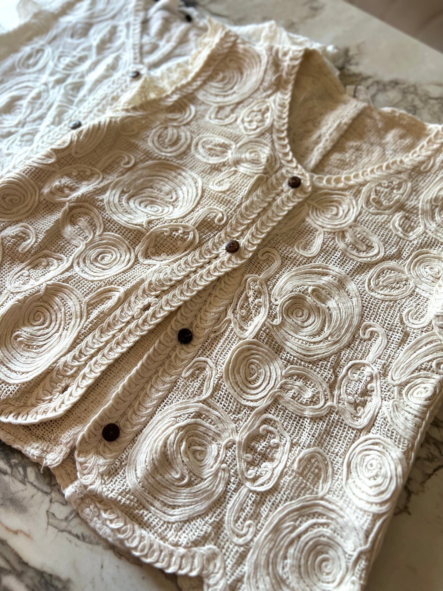 Crochet White Embroidered Floral Vest