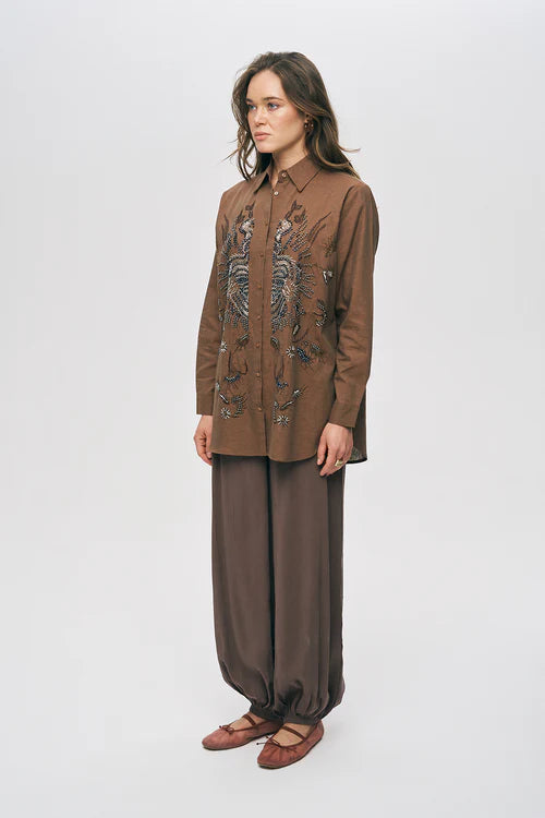 Brown Beaded Embroidery Shirt