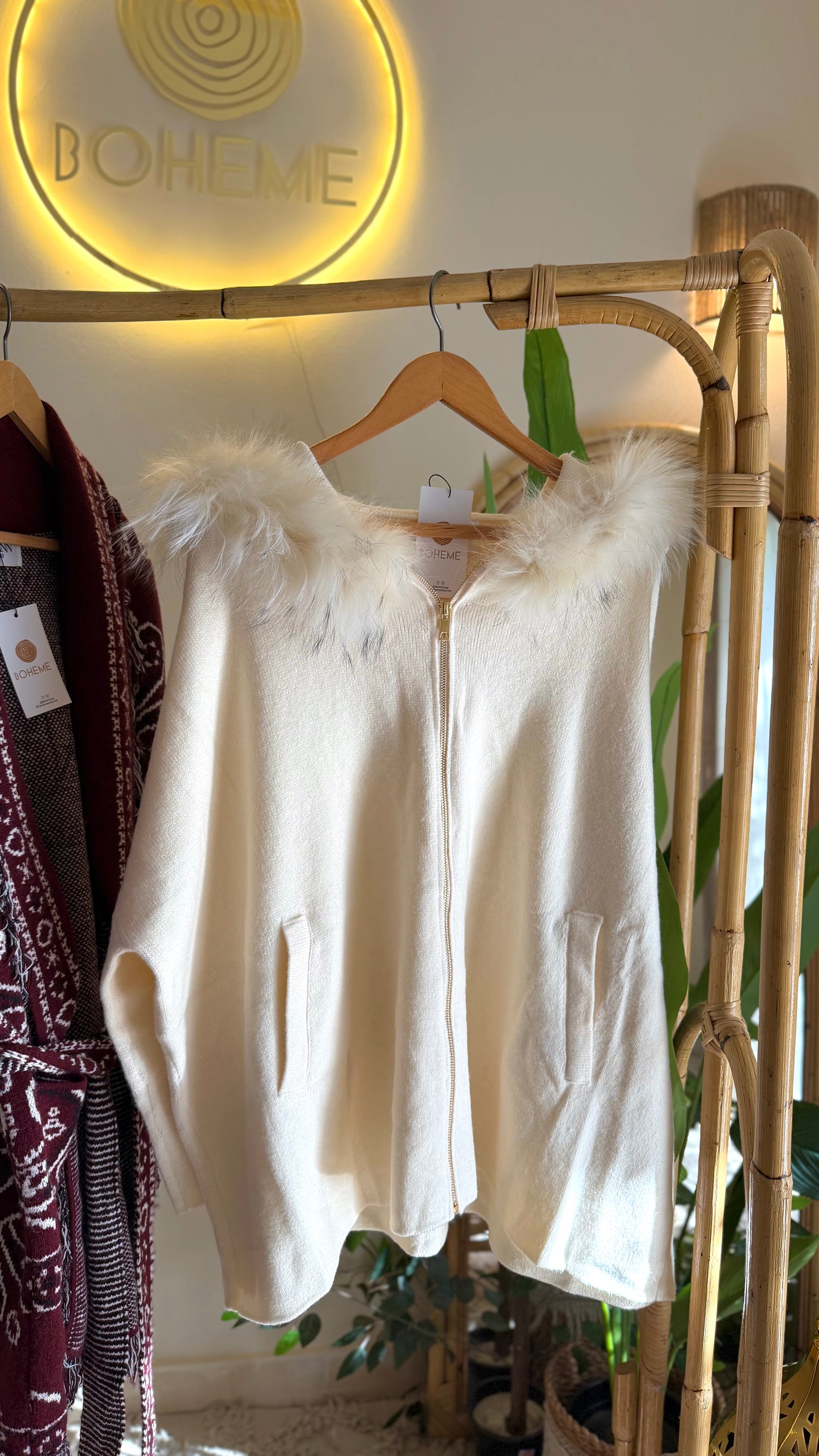 The French Cream Fur Jacket With Pockets & Hoodie