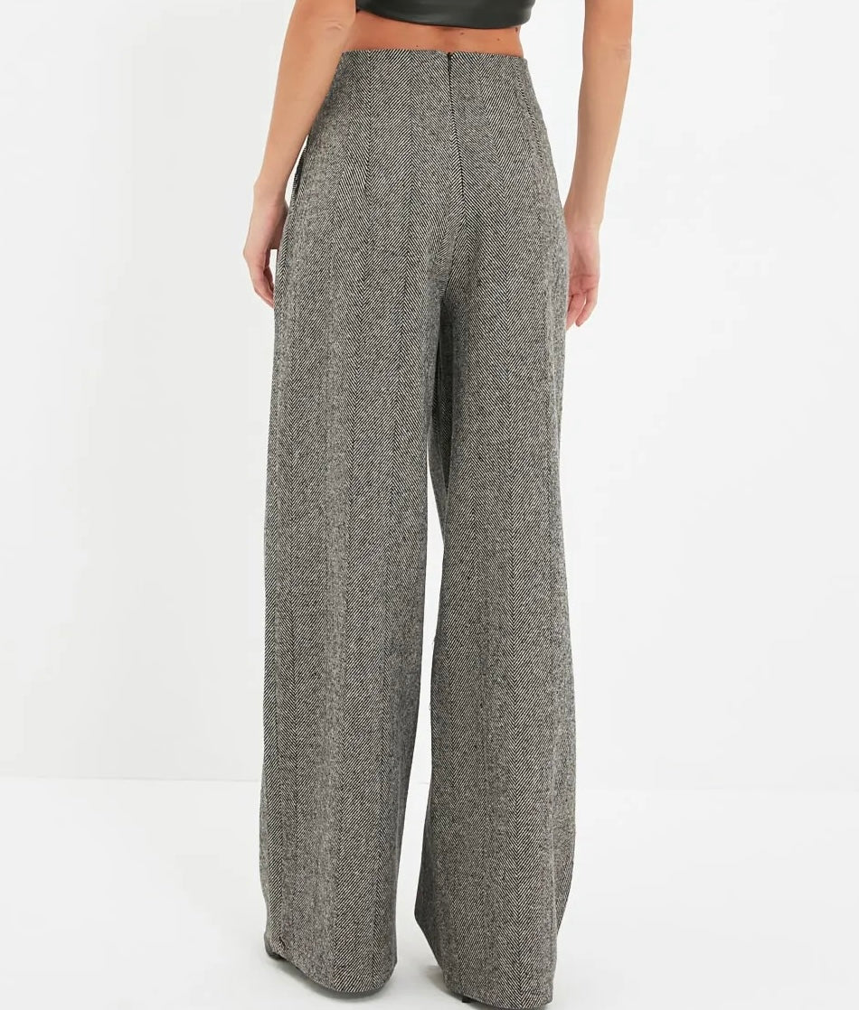 Grey Wide Leg Pants With Buttons Detail