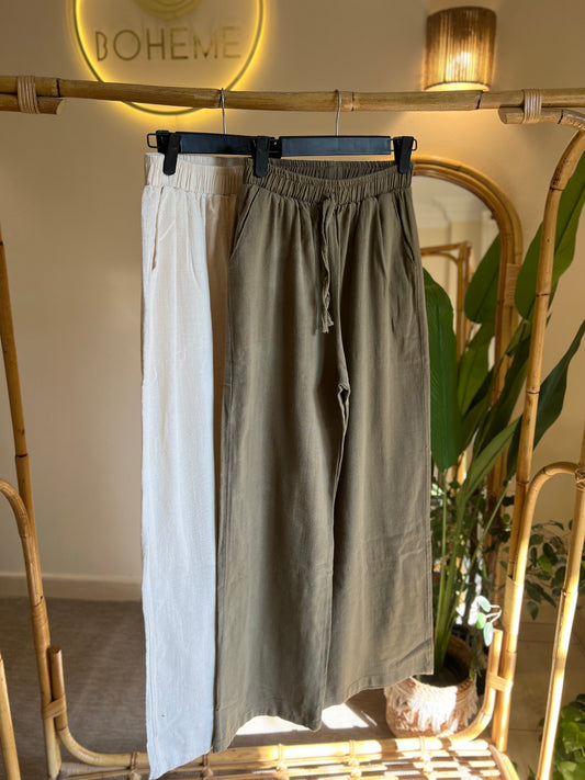 Dark Olive Linen Straight Leg Pants With Elastic Waist
