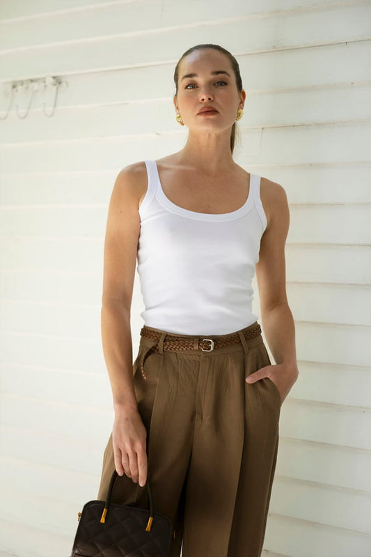 Brown Linen Pants With Leather Belt