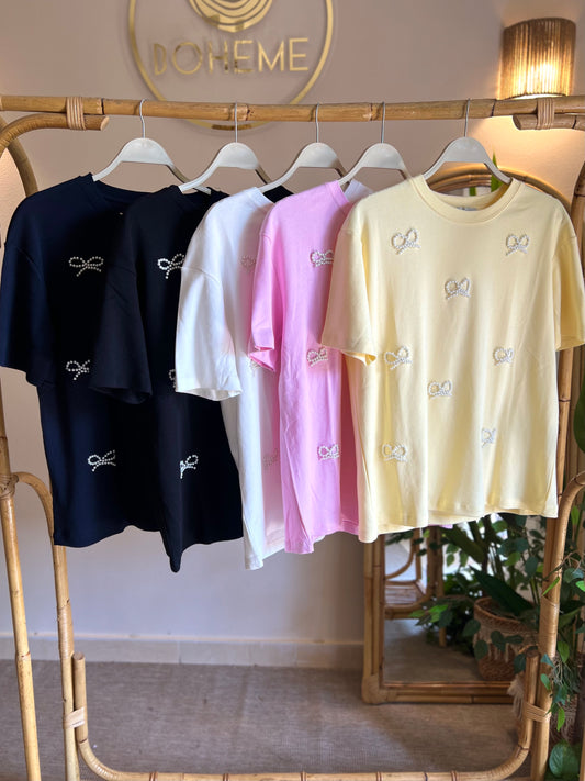 Yellow Pearl Bows Emballished T-Shirt