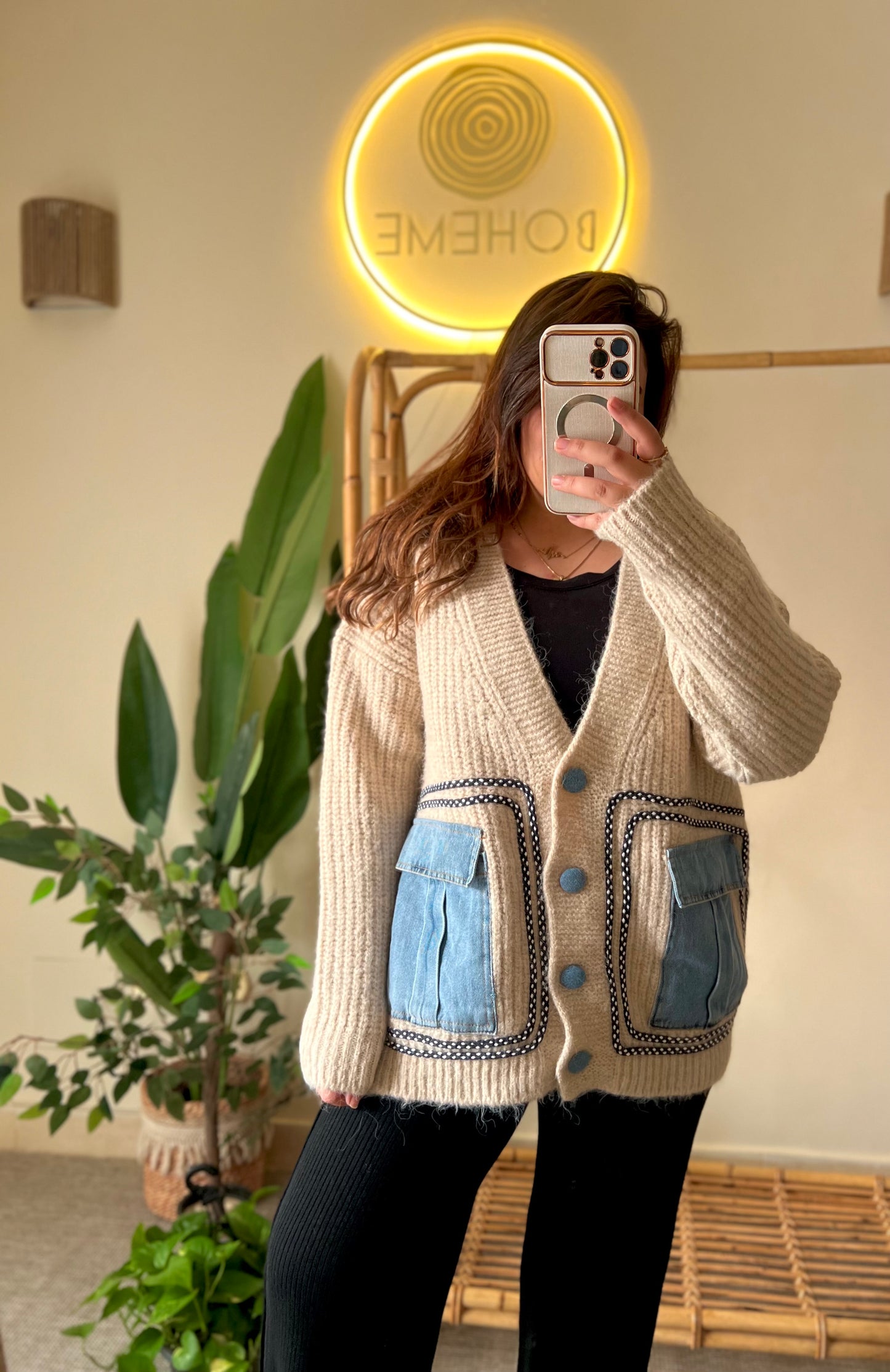 Beige Triko X Denim Cardigan With Pockets