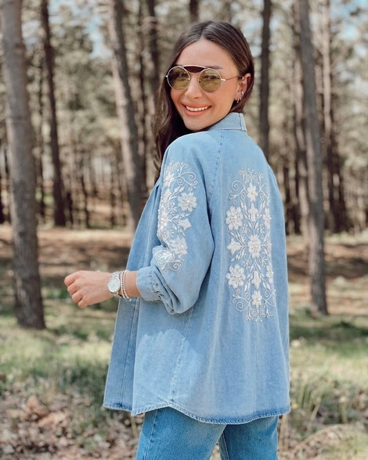 Light Blue Denim Embroidered Floral Kimono
