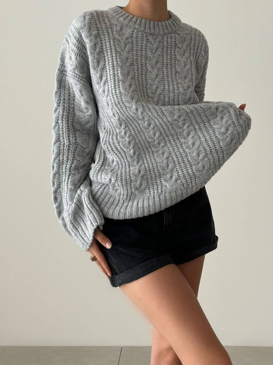 Grey Braided Bell Sleeves Pullover