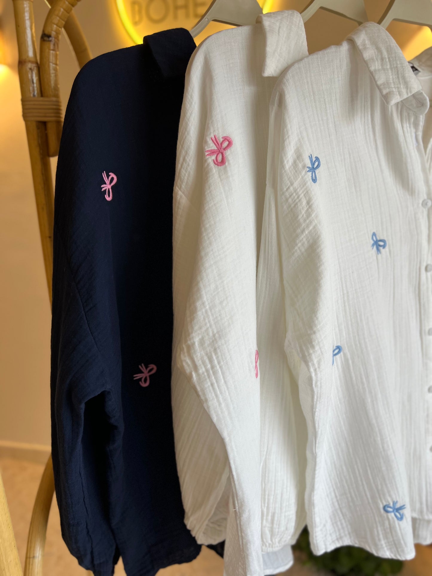 The White Blue Bow Embroidered Shirt