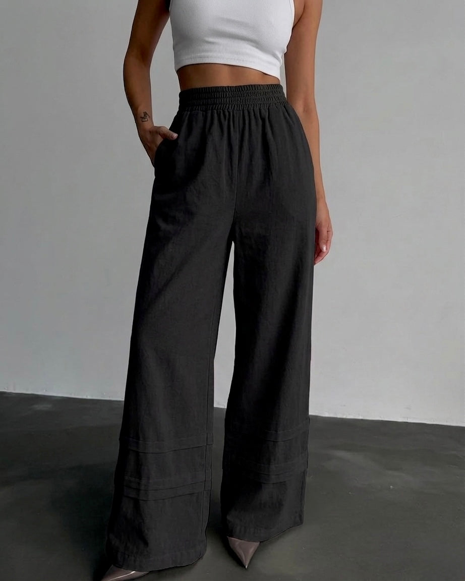 Black Linen Wide Leg Pants With Elastic Waist