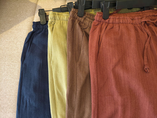 Brown Stripy Linen Straight Leg Pants With Elastic Waist