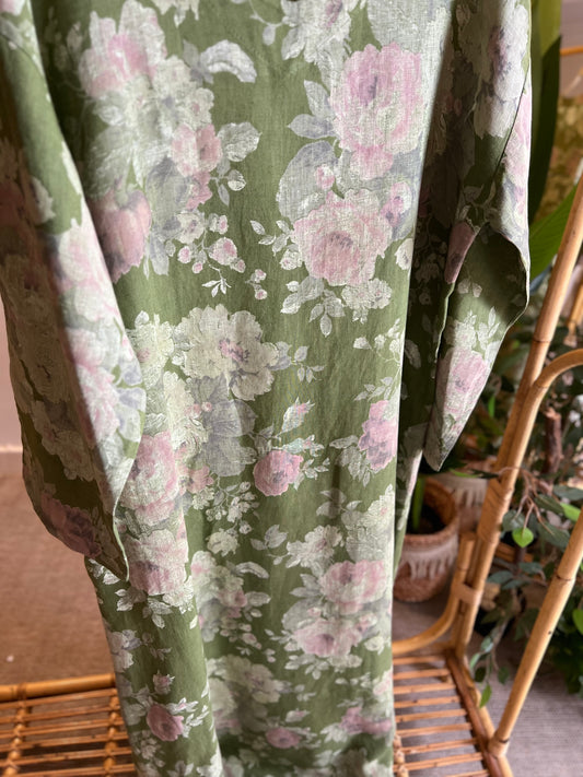 Italian Linen Green Floral Maxi Dress