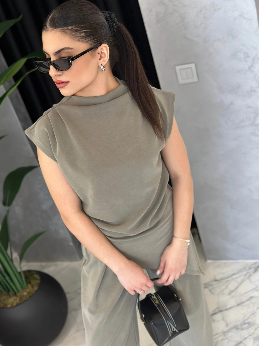 Olive Draped Asymmetric Top Set