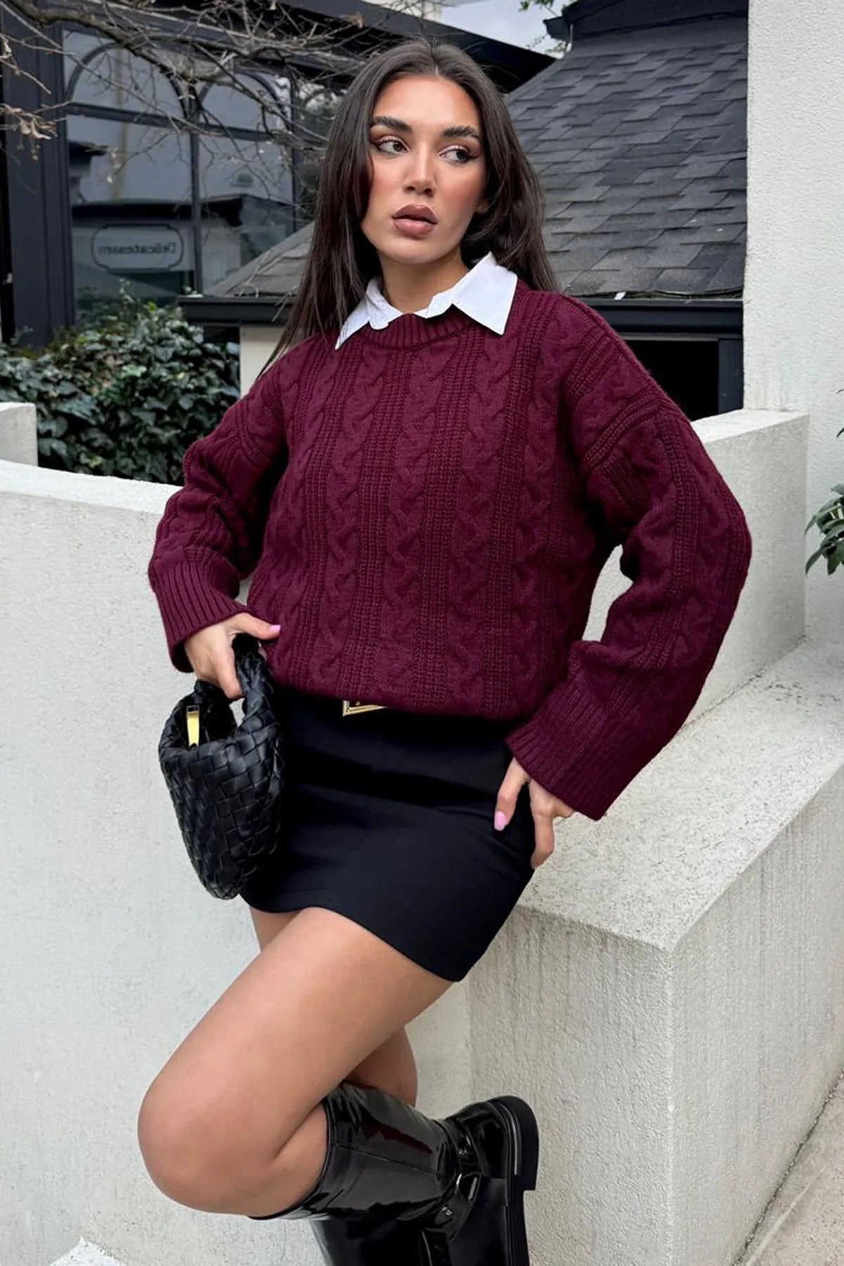 Burgundy Braided Bell Sleeves Pullover