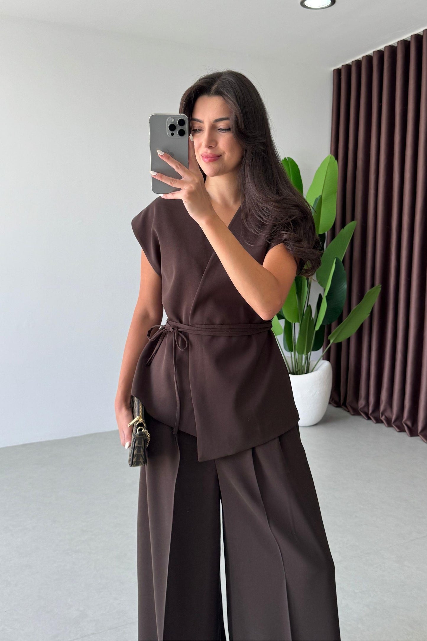 Brown Belted Vest & Wide Leg Pants Set