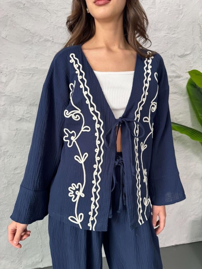 Navy Embroidered Cardigan With Bell Sleeves