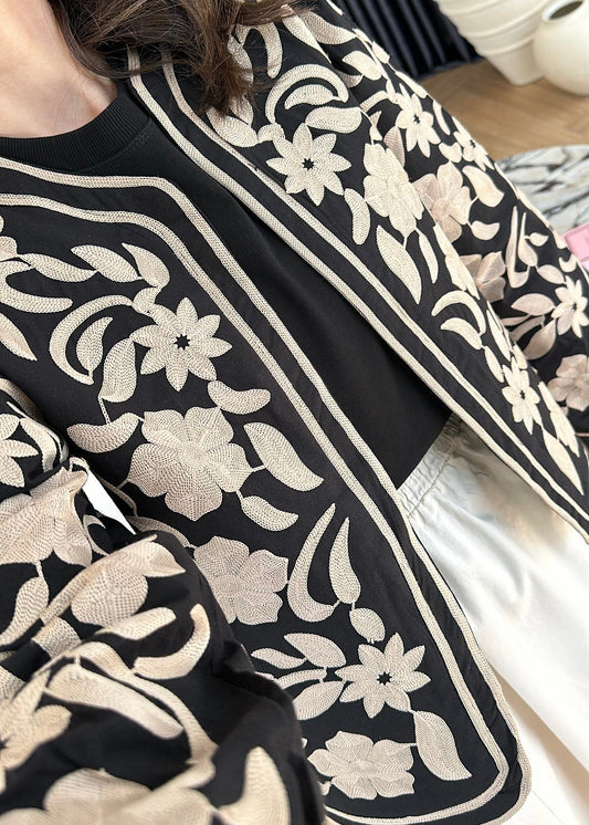 Black X Beige Embroidered Floral Jacket