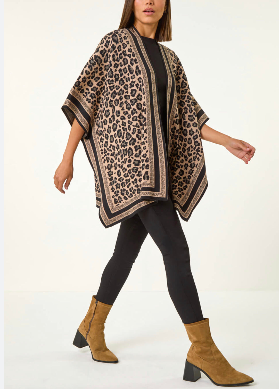 Leopard Camel Poncho With Side Buttons