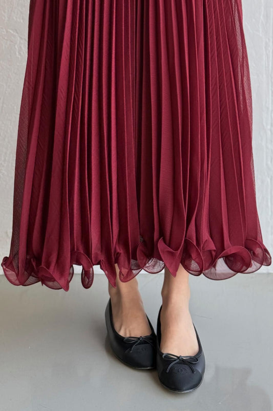 Burgundy Chiffon Pleated Flowy Skirt