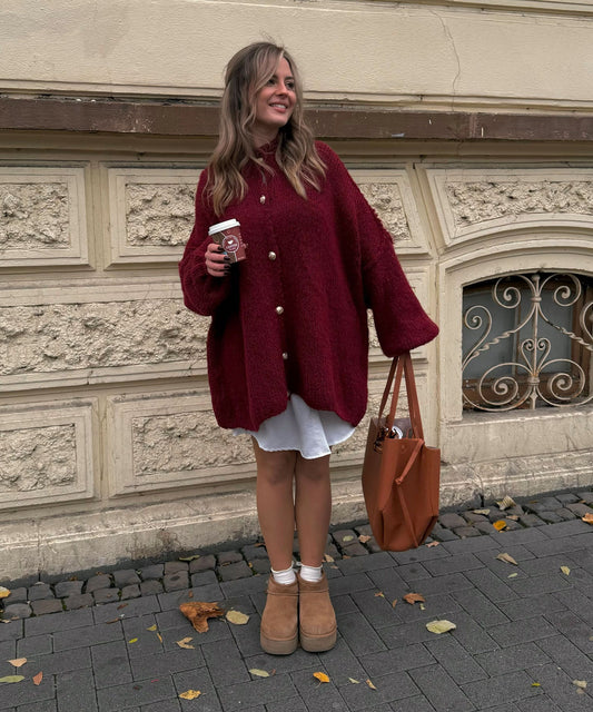 Italian Burgundy Triko Cardigan With Golden Buttons