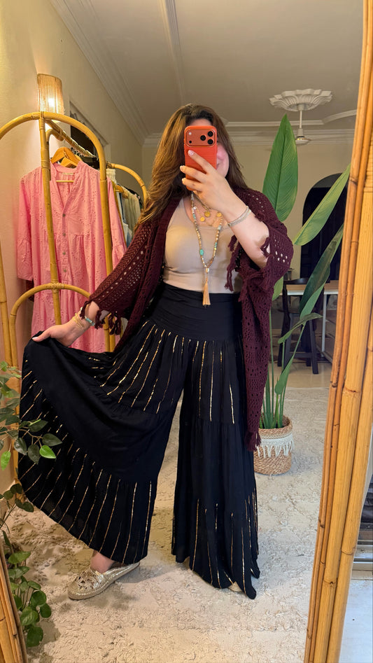 Black Cotton Golden Threads Skirt Pants