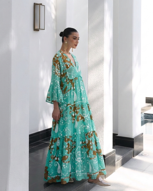 The French Aqua Brown Embroidered Paisley Dress