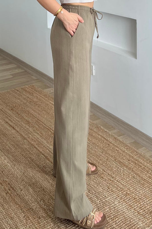 Olive Stripy Linen Straight Leg Pants With Elastic Waist