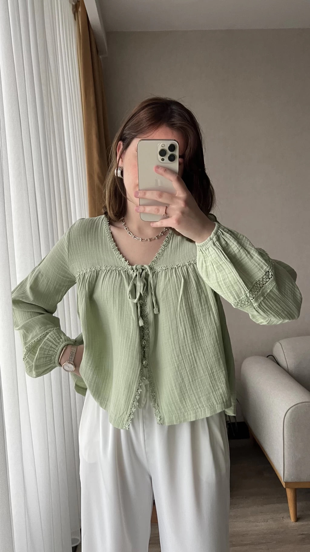 Mint Green Cotton Blouse With Dantel Details