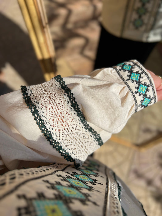 Linen Beige X Mint Green Embroidered Blouse