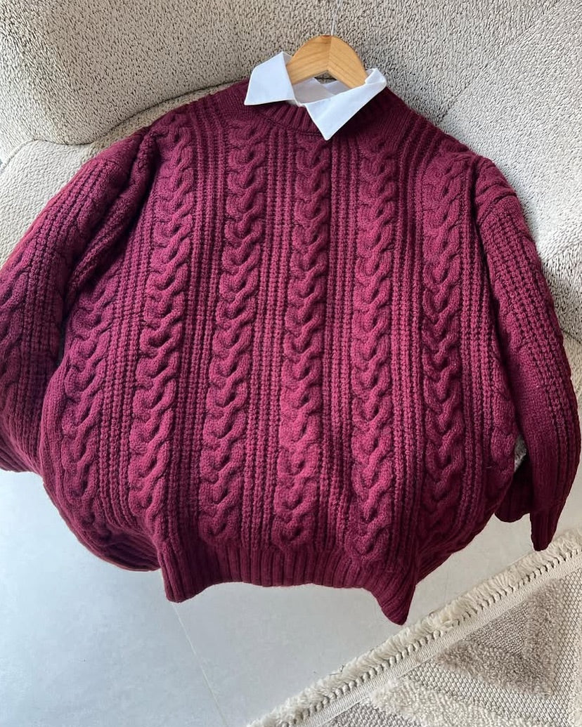 Burgundy Braided Bell Sleeves Pullover