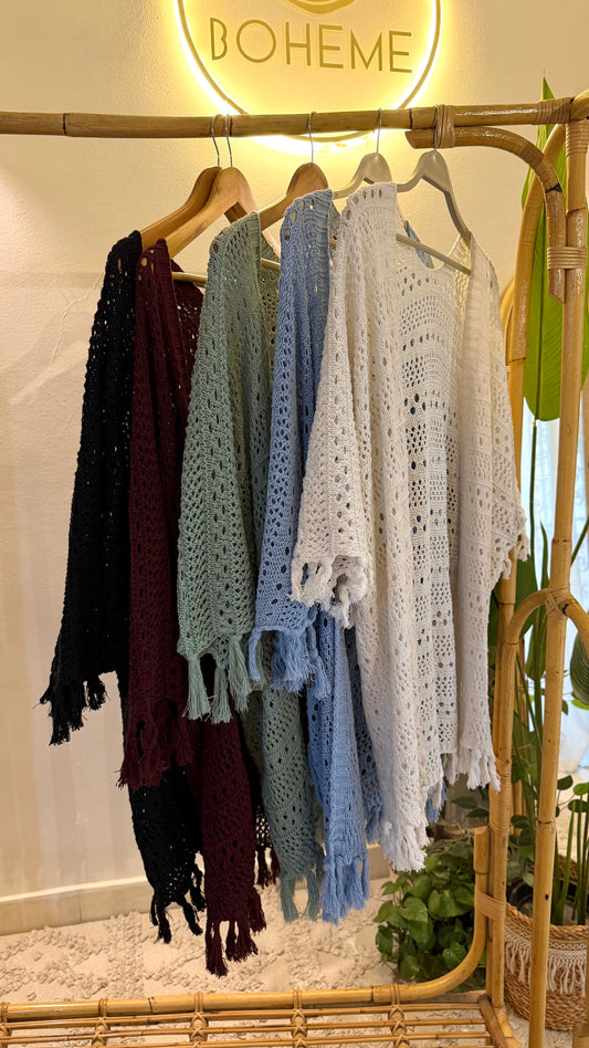 Burgundy Crochet Tasseled Kimono