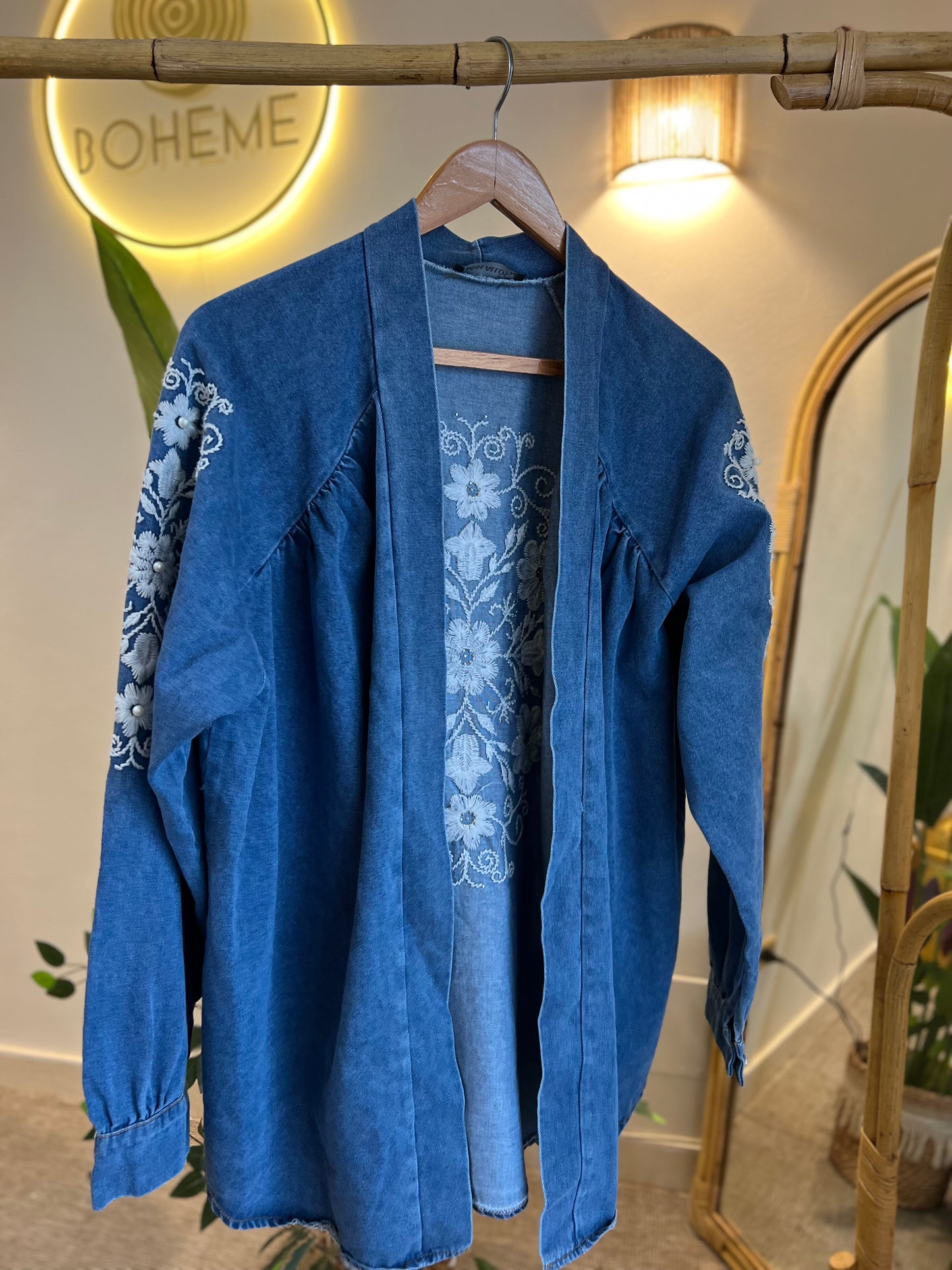 Blue Denim Embroidered Floral Kimono