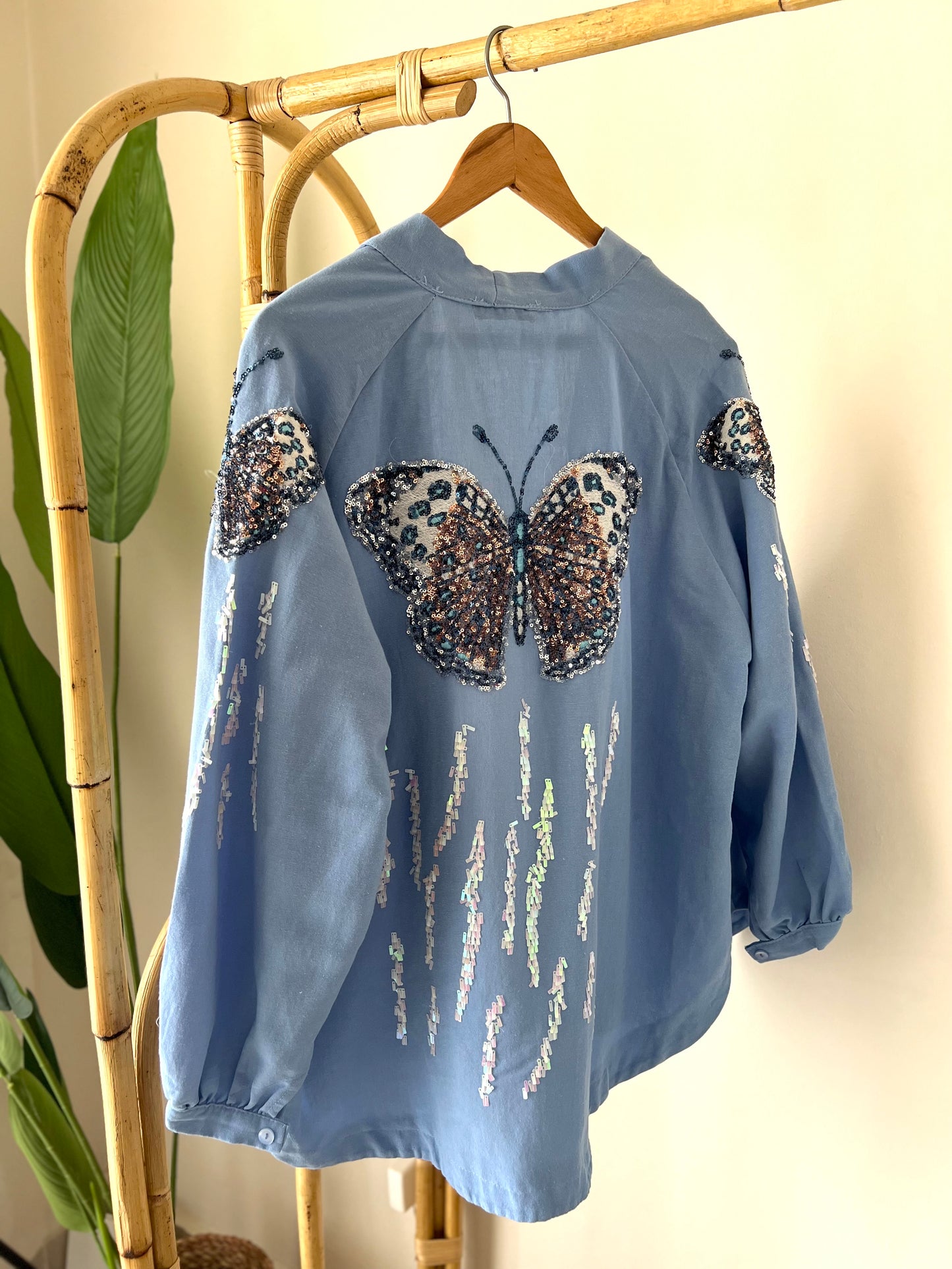 Linen Embroidered Butterfly Blue Kimono